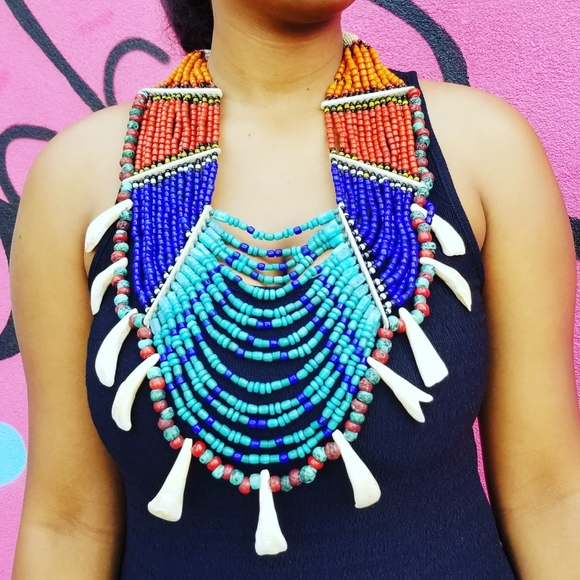Multi Colored Statement Necklace with Bone Separators & Yak Teeth - Picture 1 of 9